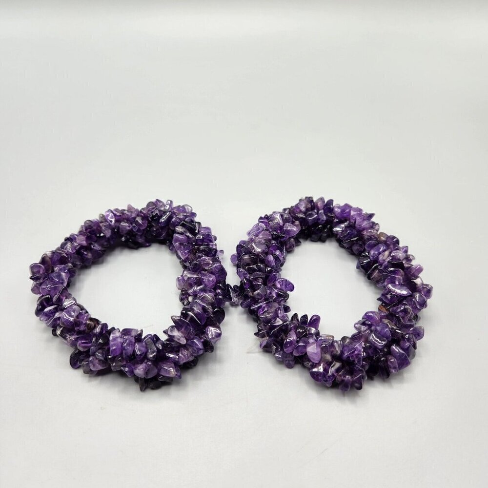 Amethyst Chip Bracelet Pair One Size Stretchy Purple Semi-Precious Stone Chunky